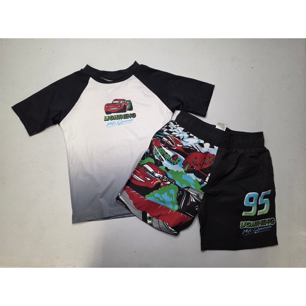 Mad Engine Disney Cars Lightning McQueen Swim Set Rash Guard Trunks Boys Size 7